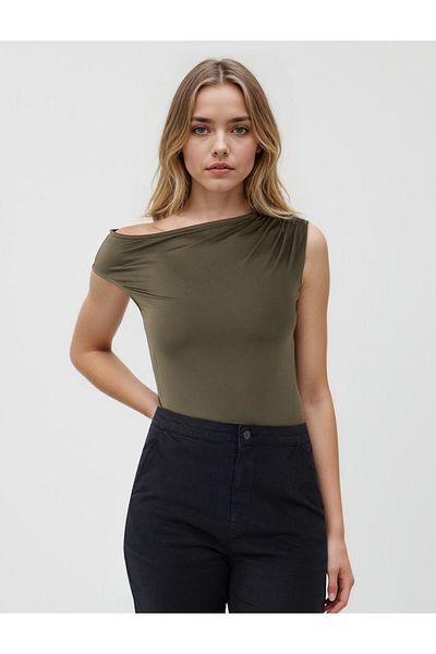 Jimmy Key Khaki Straight Cut Boat Neck One Shoulder Knitted Blouse