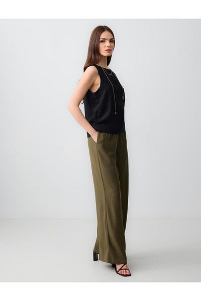 Jimmy Key Khaki Relaxed Cut High Waist Loose Wide Leg Long Linen Trousers