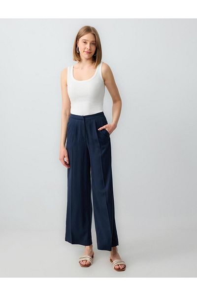 Jimmy Key Navy Blue Wide Leg High Waist Relaxed Cut Woven Trousers