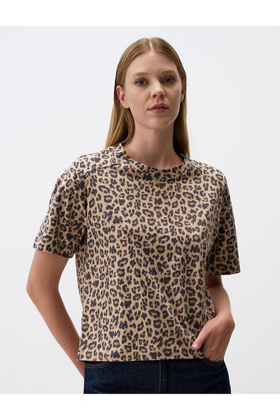 Jimmy Key Brown Relaxed Cut Crew Neck Short Sleeve Leopard Print Blouse