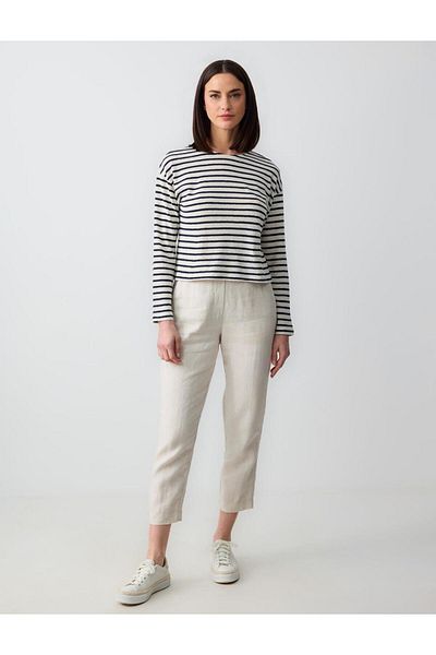 Jimmy Key Ecru Crew Neck Long Sleeve Line Print Linen Knitted T-Shirt