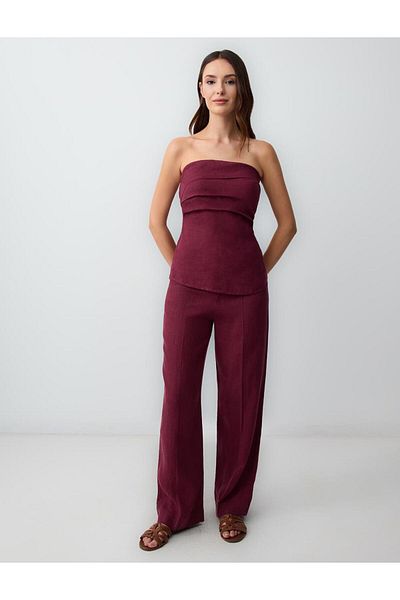 Jimmy Key Burgundy Straight Cut Linen Trousers