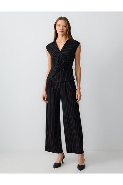 Jimmy Key Black Relaxed Cut High Waist Loose Wide Leg Striped Knitted Trousers