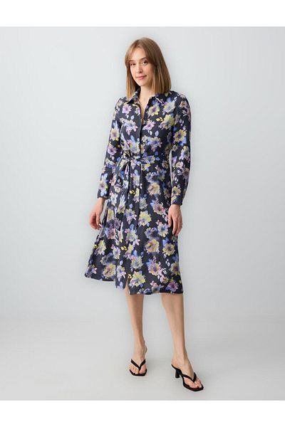 Jimmy Key Navy Blue Floral Print Shirt Collar Long Sleeve Woven Midi Dress