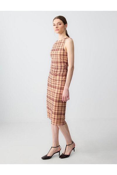 Jimmy Key Rochie tricotată din plasă cu model, bej, cu decolteu rotund, fără mâneci