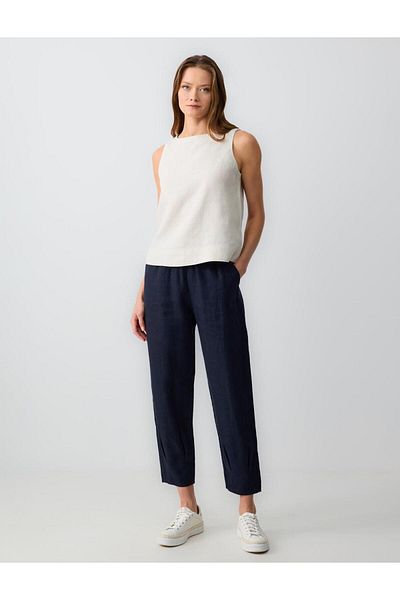 Jimmy Key Navy Blue 100% Linen High Waist Narrow Leg Woven Trousers