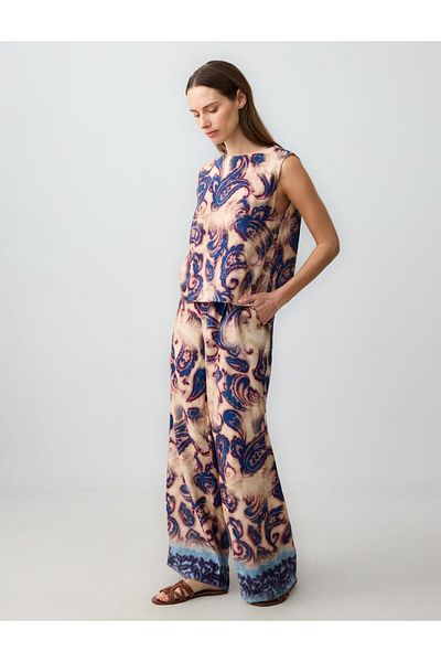 Jimmy Key Navy Blue Regular Waist Wide Leg Patterned Linen Blend Trousers