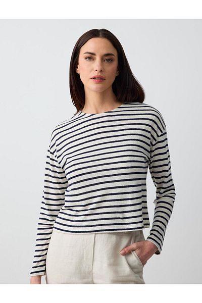 Jimmy Key Ecru Crew Neck Long Sleeve Line Print Linen Knitted T-Shirt