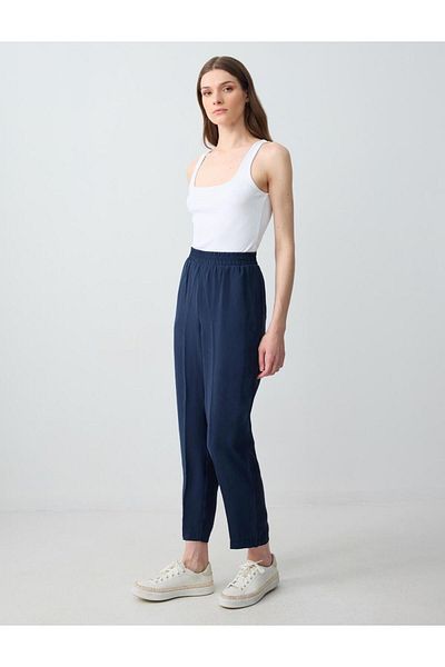 Jimmy Key Navy Blue High Waist Regular Leg Modal Woven Trousers