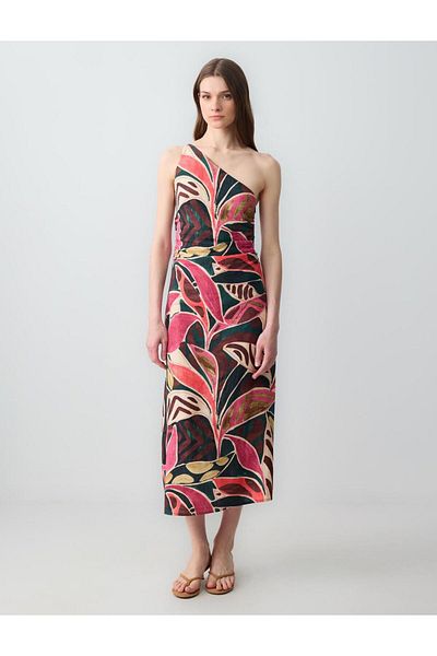 Jimmy Key Mixed Slim Fit One Shoulder Asymmetric Collar Linen Midi Dress