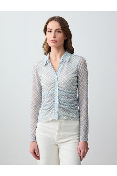 Jimmy Key Beige Slim Fit Long Sleeve Plaid Pattern Mesh Knitted Shirt