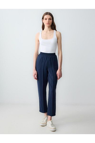 Jimmy Key Navy Blue High Waist Regular Leg Modal Woven Trousers