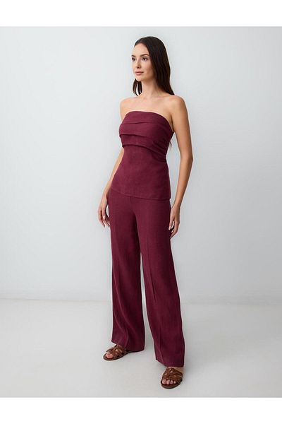 Jimmy Key Burgundy Straight Cut Linen Trousers