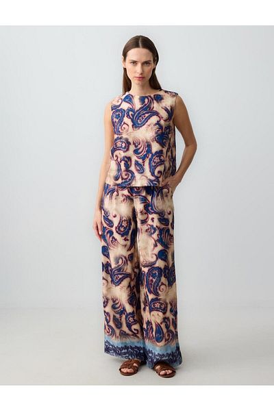 Jimmy Key Navy Blue Regular Waist Wide Leg Patterned Linen Blend Trousers