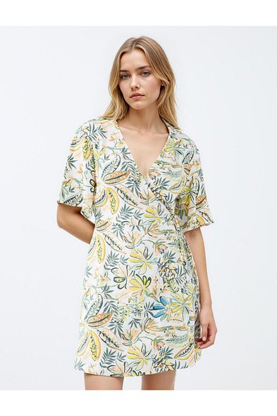 Jimmy Key Stone V Neck Short Sleeve Patterned Linen Blend Mini Dress