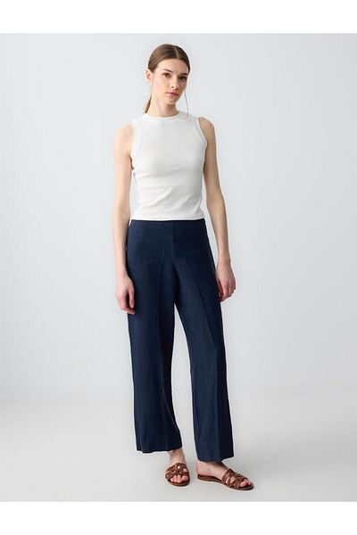 Jimmy Key Navy Blue 100% Linen Regular Waist Long Trousers