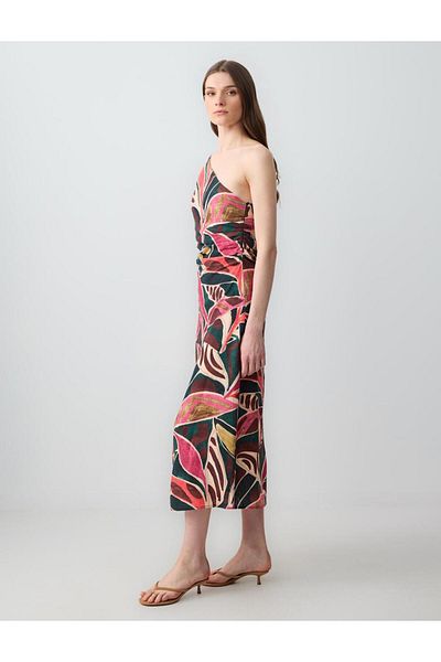 Jimmy Key Mixed Slim Fit One Shoulder Asymmetric Collar Linen Midi Dress