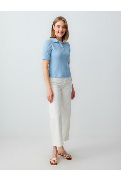 Jimmy Key Blue Polo Neck Short Sleeve Cotton Knitted Blouse
