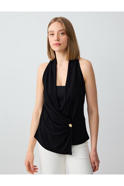 Jimmy Key Black Straight Cut Double Breasted Neck Sleeveless Knitted Blouse