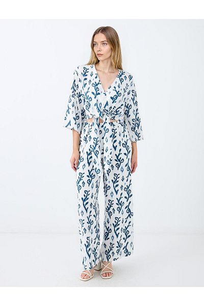 Jimmy Key Green High Waist Wide Leg Relaxed Cut Patterned Linen Trousers