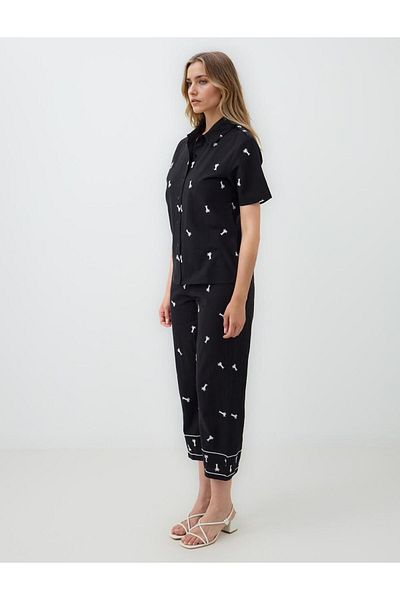 Jimmy Key Black 100% Cotton Wide Leg Palm Patterned Woven Trousers