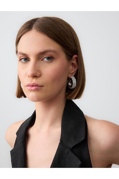 Jimmy Key Silver Color Shiny Stone Detailed Elegant Earrings