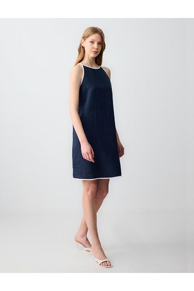 Jimmy Key Navy Blue 100% Linen Relaxed Cut Halter Neck Strap Mini Dress