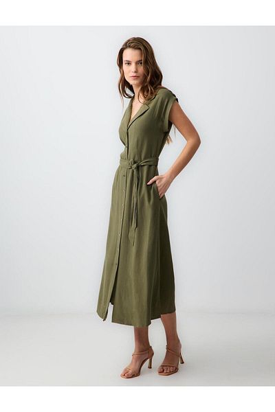 Jimmy Key Khaki Short Sleeve Shirt Collar Linen Blend Midi Dress