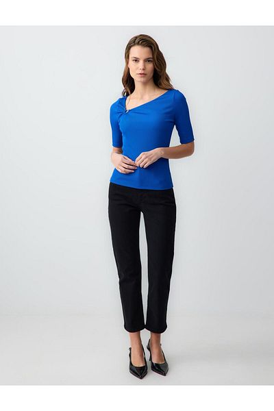 Jimmy Key Cobalt Slim Cut Asymmetric Neck Short Sleeve Knitted Blouse