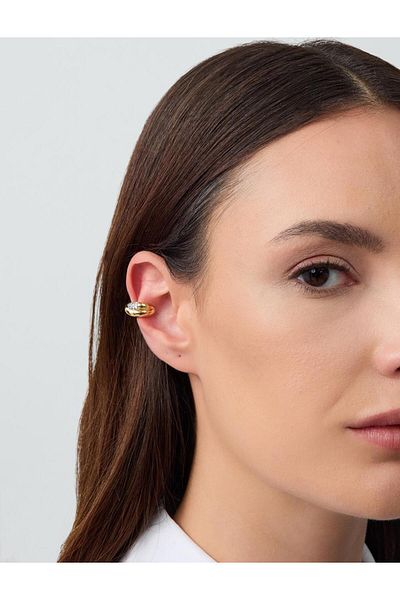 Jimmy Key Gold Color Stone Detailed Shiny Half Hoop Earrings