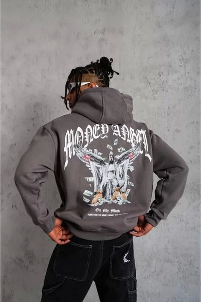 Silerra    Men's Cord Drawstring Printed Hooded Sweatshirt - Smoked