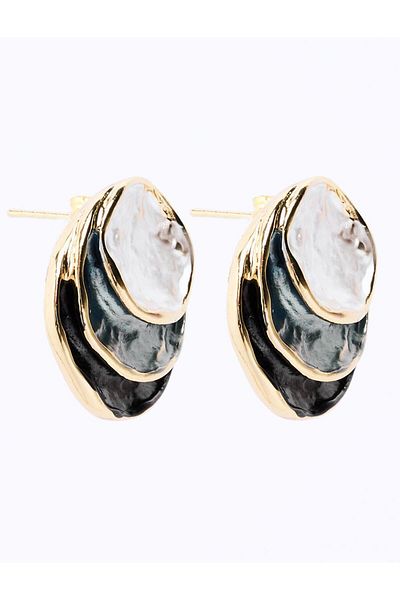 Jimmy Key Black Enamel Detailed Round Figured Earrings