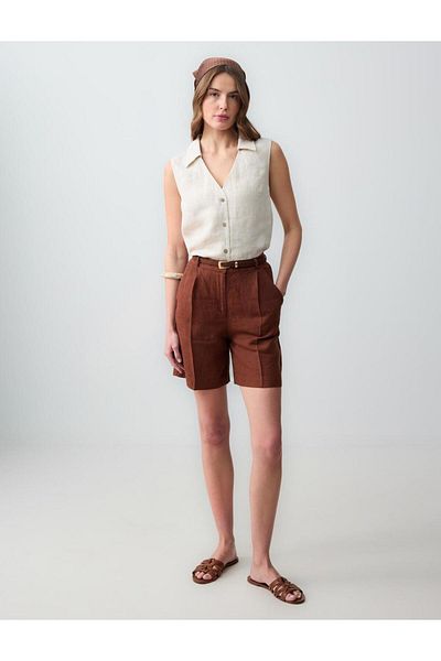 Jimmy Key Bitter Brown 100% Linen Straight Cut High Waist Loose Wide Leg Woven Shorts