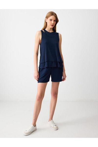 Jimmy Key Navy Blue Relaxed Fit Round Neck Sleeveless Knitted Blouse