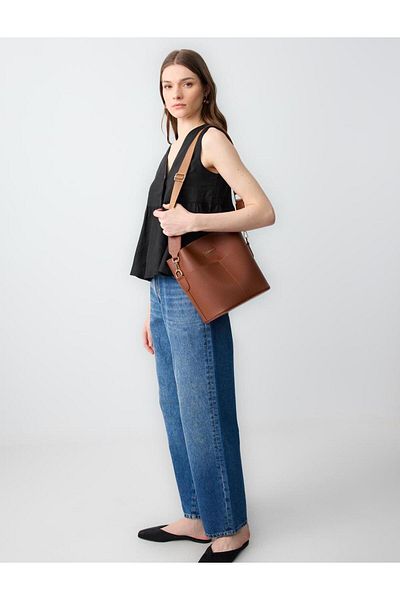 Jimmy Key Tan Metal Logo Detailed Adjustable Strap Shoulder Bag