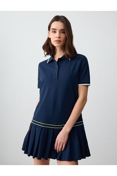 Jimmy Key Navy Blue Relaxed Cut Polo Neck Short Sleeve Pleated Knitted Mini Dress