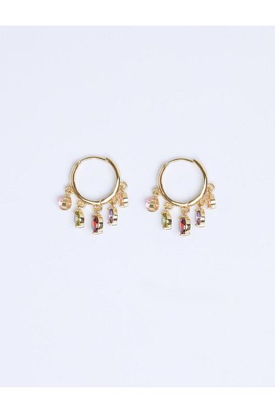 Jimmy Key Gold Color Crystal Stone Detailed Hoop Earrings