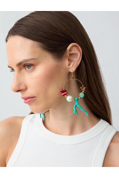 Jimmy Key Blue Asymmetrical Figured Pearl Detailed Hoop Earrings