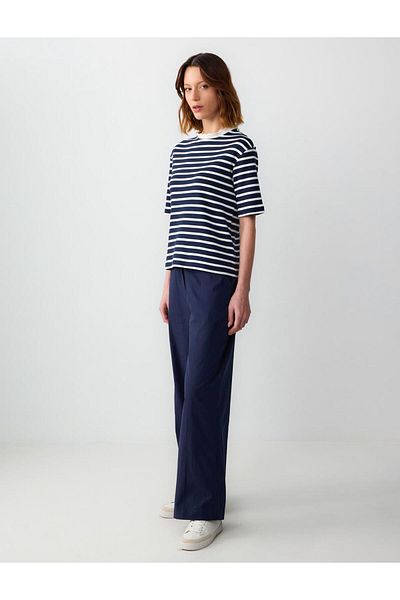 Jimmy Key Navy Blue 100% Cotton High Waist Wide Leg Gabardine Trousers
