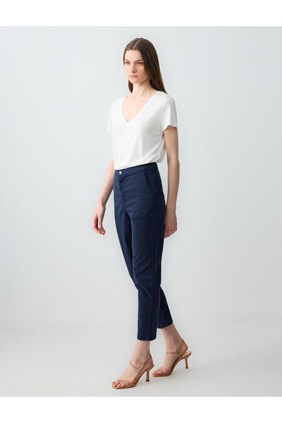 Jimmy Key Navy Blue High Waist Regular Leg Side Pocket Woven Trousers