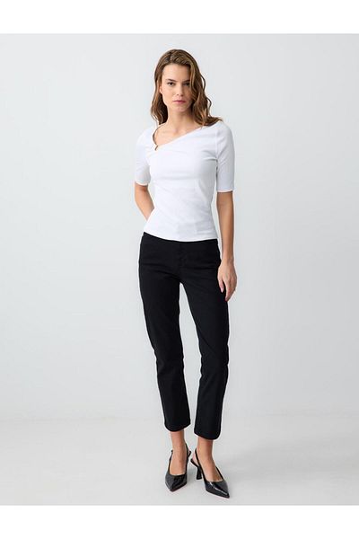 Jimmy Key White Slim Fit Asymmetric Neck Short Sleeve Knitted Blouse
