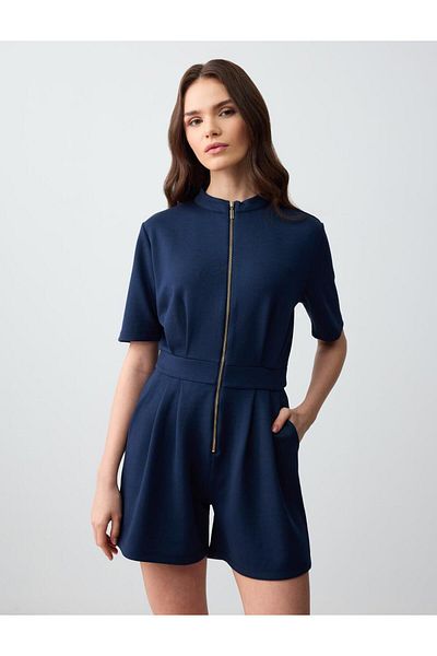 Jimmy Key Navy Blue Straight Cut Zipper Detailed Knitted Short Jumpsuit