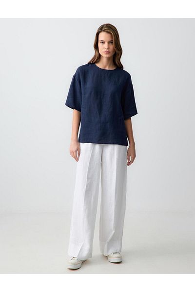 Jimmy Key Navy Blue 100% Linen Relaxed Cut Short Sleeve Crew Neck Blouse