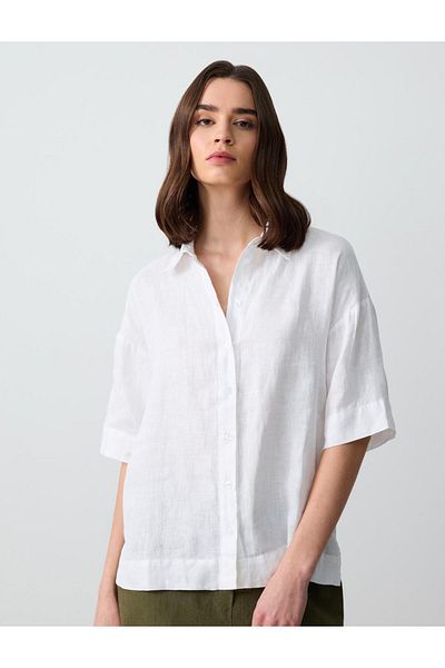 Jimmy Key White 100% Linen Straight Cut Short Sleeve Woven Shirt