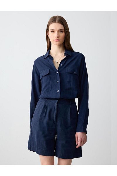 Jimmy Key Navy Blue 100% Linen Straight Cut High Waist Loose Wide Leg Woven Shorts