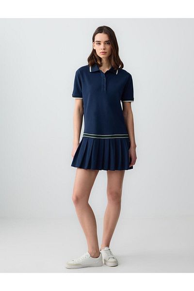 Jimmy Key Navy Blue Relaxed Cut Polo Neck Short Sleeve Pleated Knitted Mini Dress