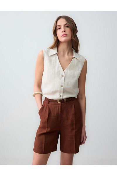 Jimmy Key Bitter Brown 100% Linen Straight Cut High Waist Loose Wide Leg Woven Shorts