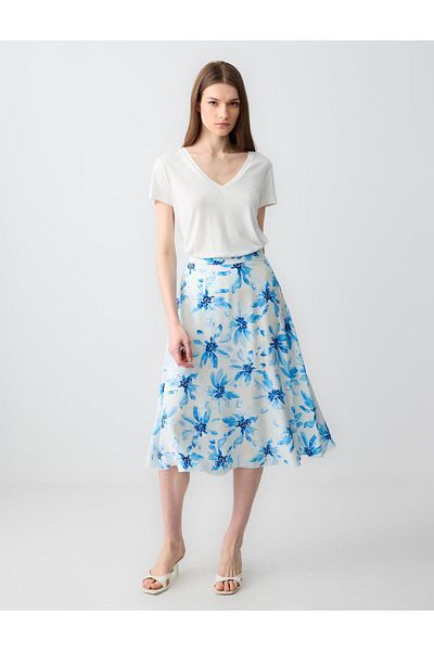 Jimmy Key Fusta midi cu talie înaltă, albă, cu model floral