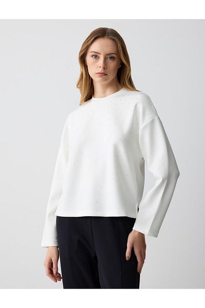 Jimmy Key White Crew Neck Long Sleeve Stone Printed Sweatshirt