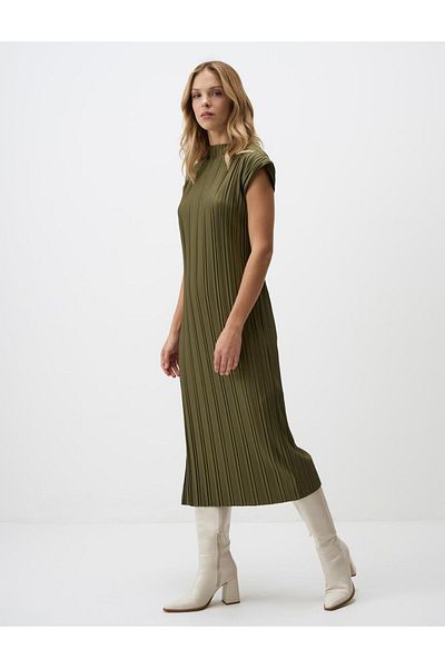 Jimmy Key Khaki Crew Neck Relaxed Fit Pleated Knitted Midi Dress